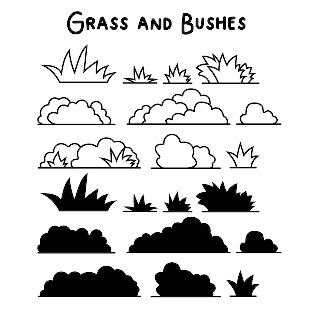 Doodle set with green grass sketch. Hand drawn line. Vector outline illustration. Lawn grass sketch