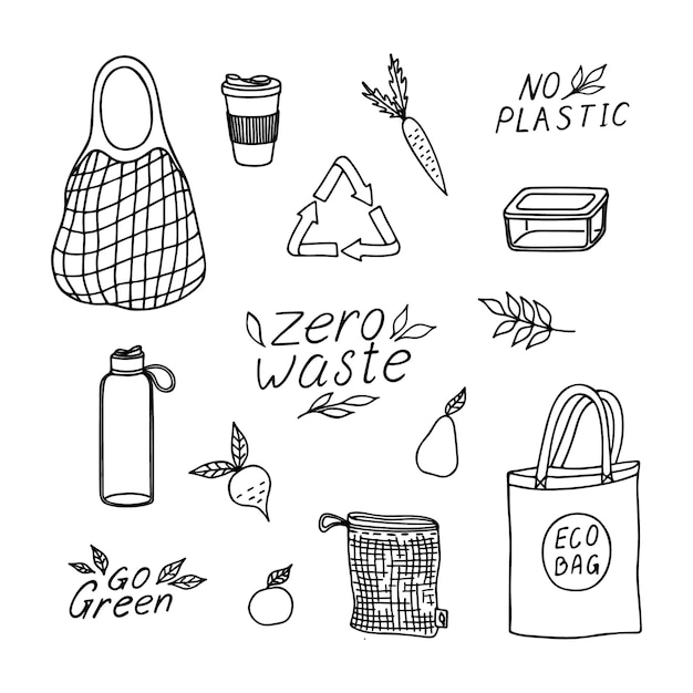 Vector doodle set of zero waste concept