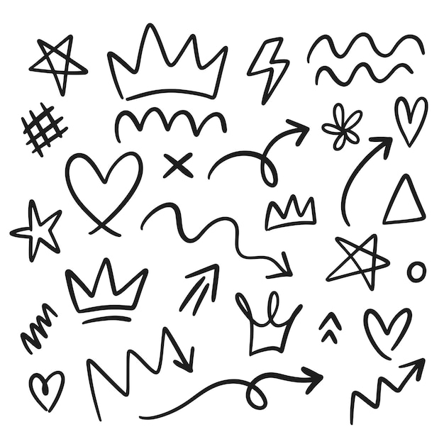 Doodle Sierletter van hart vorm Crown Stroke Star Wave Arrow Sign Vector illustratie eenvoudige eleme