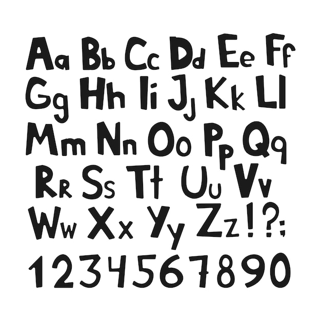 シンプルな原始的な子供のアルファベット、ベクトル手描き文字要素を落書き。児童書、ポスター、はがきのタイポグラフィ用。