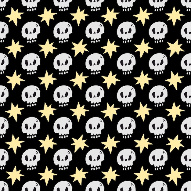 Vector doodle simple style halloween seamless pattern with flat skulls and stars on black background