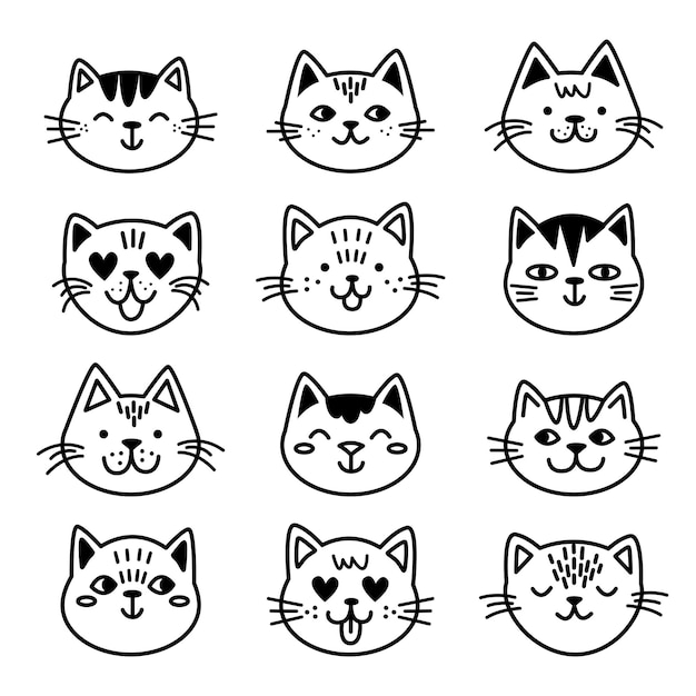 Icona di schizzo di doodle con facce di gatto semplici nere carine impostate per il design. illustrazione vettoriale divertente