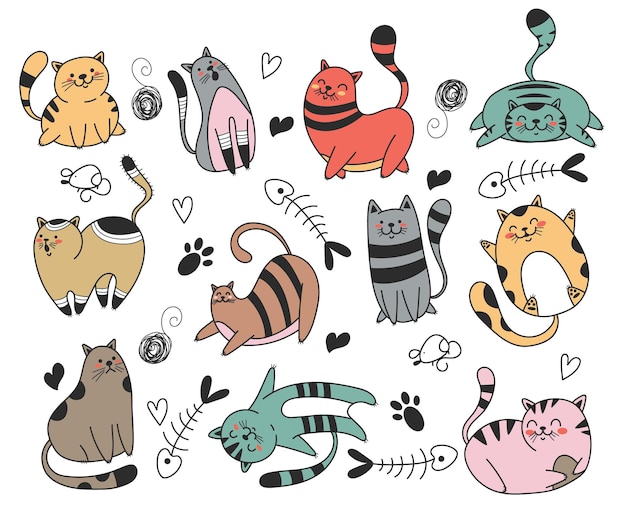 Vector doodle sketch line art animal cats characters hand drawn isolated set graphic design element