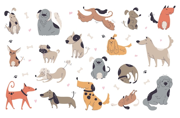 Vector doodle sketch line art animal dogs puppy characters hand drawn isolated set