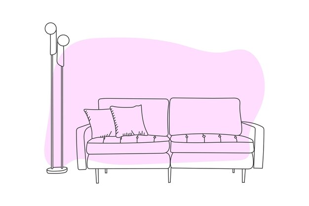 Vector doodle sketch of living room sofa, line drawing home decoration, vector