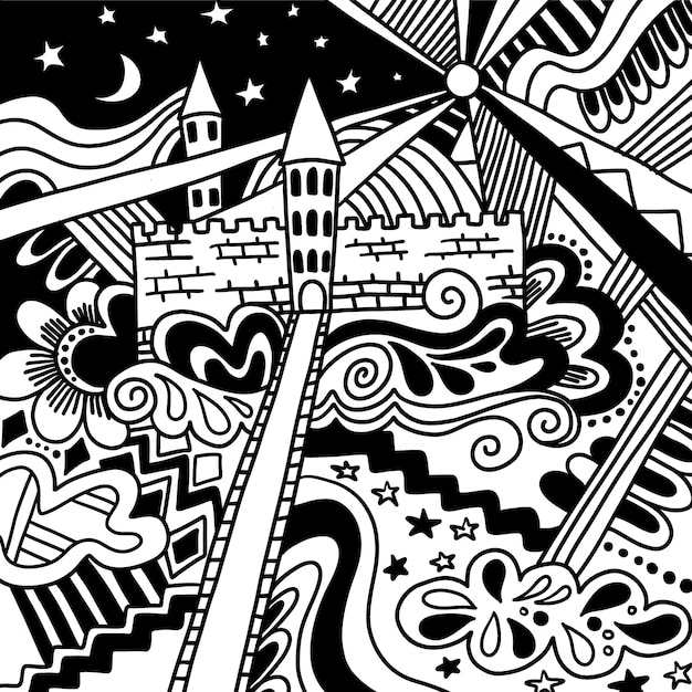 Doodle sketch magic castle drawing black and white