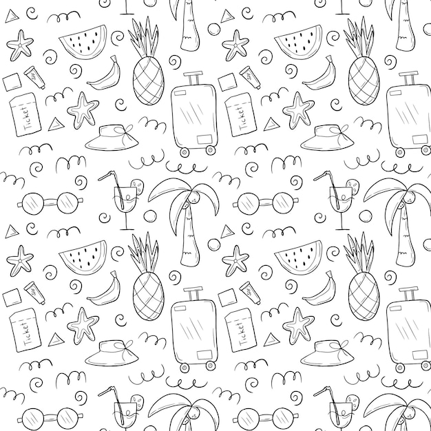 Vector doodle sketch style hand drawn set of travel summer vacation elements seamless pattern