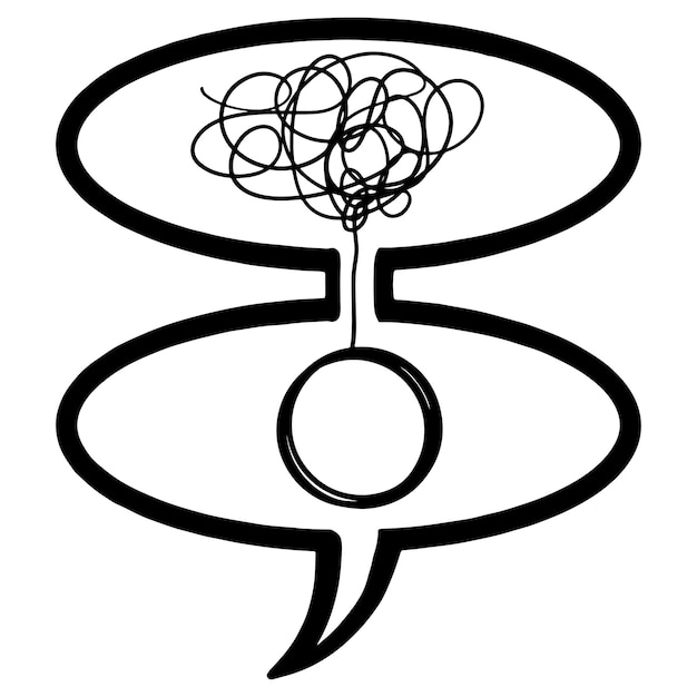 Вектор Каракули в стиле рисованной иллюстрации концепции психотерапии с запутанным и распутанным речевым пузырем