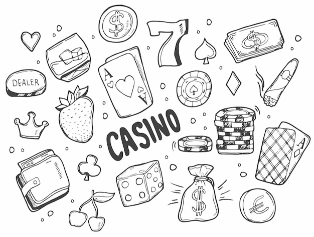 Insieme del fumetto di doodle disegnato a mano di vettore impreciso di doodle di oggetti e simboli del casinò