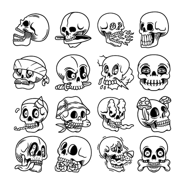 Doodle skull hand drawn vector set