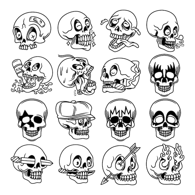 Vector doodle skull hand drawn vector set