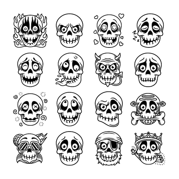 Doodle skull hand drawn vector set