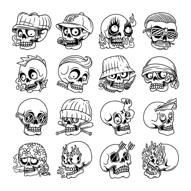 Doodle skull hand drawn vector set