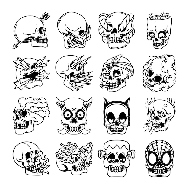 Doodle skull hand drawn vector set