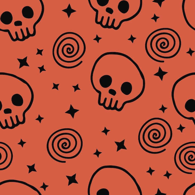 Doodle skull seamless pattern on aorange background halloween hand drawn vector