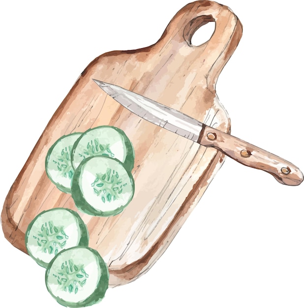 Doodle sliced cucumber slices on a wooden board with a knife illustration