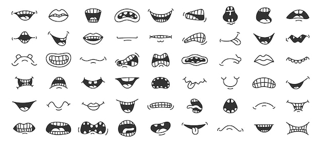 Vector doodle smile cartoon mouth with different face expression laugh anger and scary emotion pop art sketch vector hand drawn funny mouths isolated collection