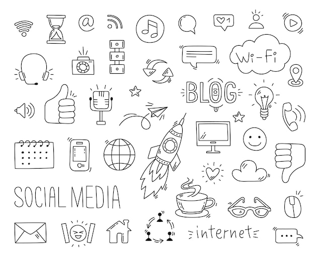 Social Media, digital marketing, internet network icons set. Vector hand  drawn isolated objects. Doodle and sketch style . Stock Vector | Adobe Stock