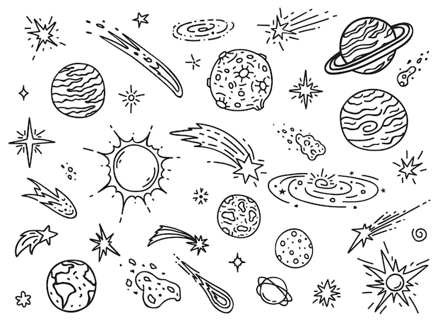 Vector doodle space planets stars comets and asteroids