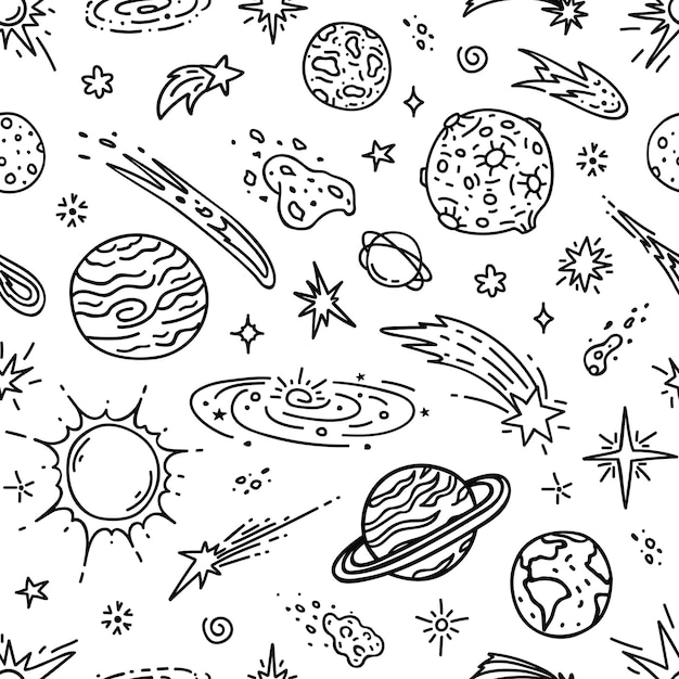 Doodle space planets and stars seamless pattern