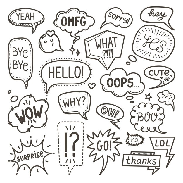 Doodle speech bubble Cartoon comic shapes for text cloud and explosion dialog element Conversation stickers hello hey marks neoteric vector kit of dialog bubble speak drawn message