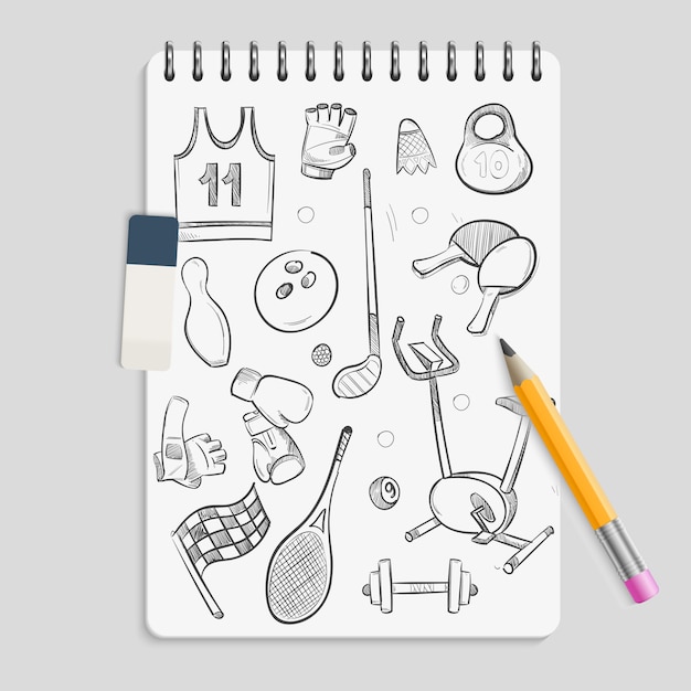 Doodle sport elementen op realistische notebook