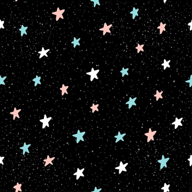 Doodle star seamless pattern background. hand drawn star isolated on black for design card, textile fabric, holiday wrapping paper, garment, t-shirt, banner, placard, book, scrapbook.