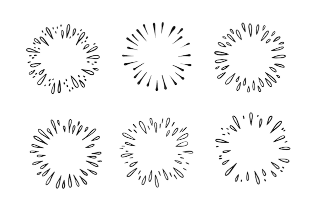 Каракули звездообразования контур всплеск с каплями фейерверка изолированные легкие декоративные простые круглые рамки