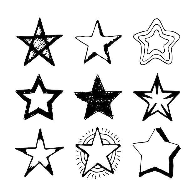落書き星。白い背景で隔離の9つの黒い手描きの星のセットです。ベクトルイラスト