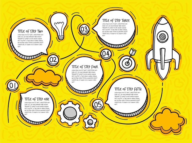 Doodle startup infographic with options. hand drawn icons. thin line rocket illustration.