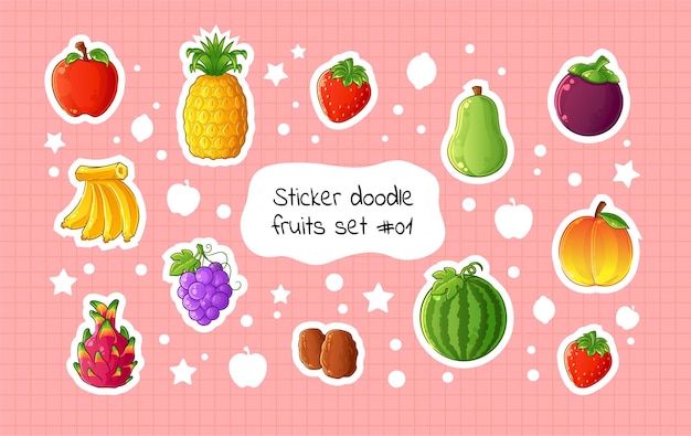 Doodle sticker fruits set collection. colorful doodle