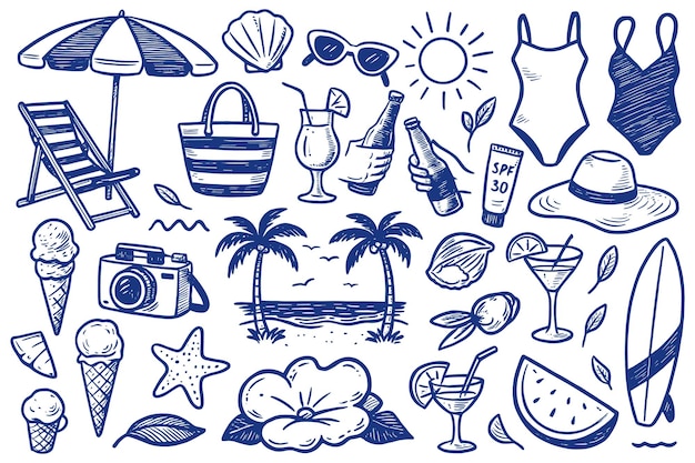 Doodle stijl illustraties met zonnige strandvakantie essentieel voor een gedenkwaardige zomervakantie s