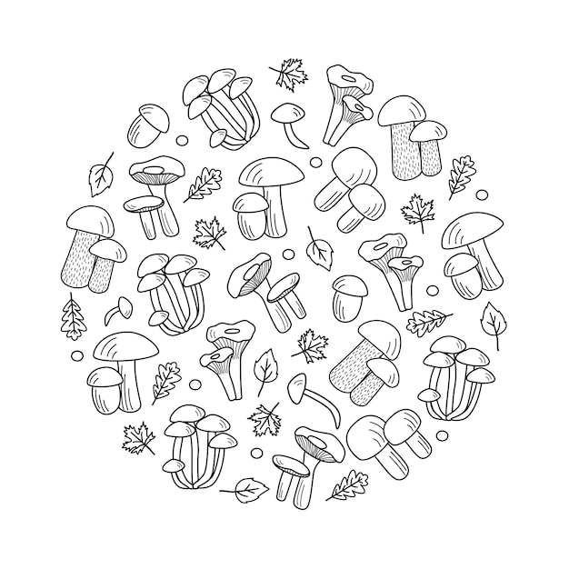 Doodle stijl paddestoel iconen vector. illustratie van boletus, cantharellen, honingsplaatzwam, champignons, aspenpaddestoel en russula.