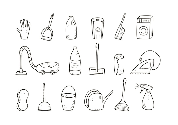 Doodle stijl vector schoonmaak elementen. een set tekeningen van schoonmaakproducten en artikelen. wasset voor de kamer.