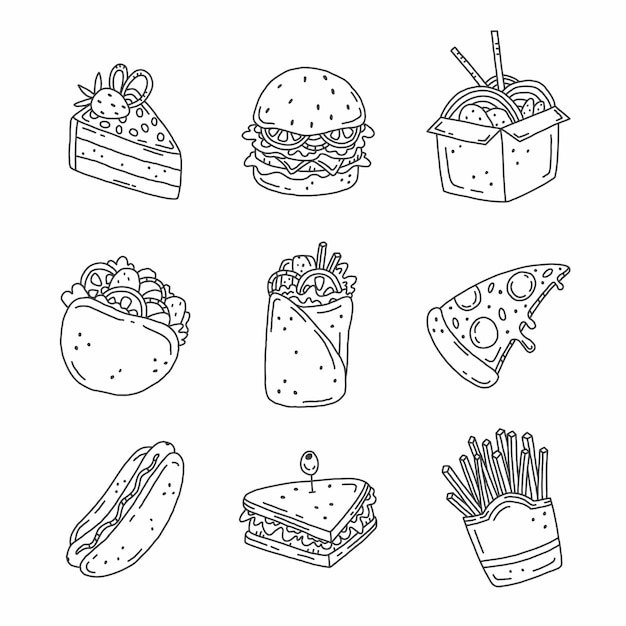 Doodle stijlenset fastfood.