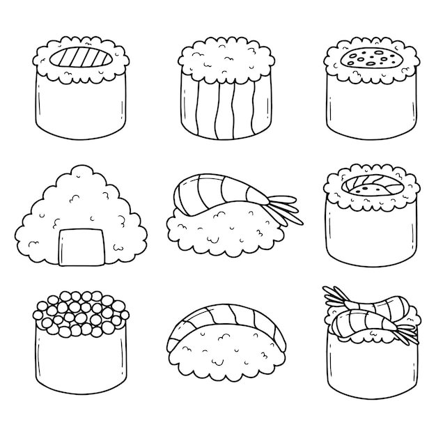 Doodle stijlenset sushi Leuke Japanse sushi vector illustratie lineaire Sushi restaurant logo