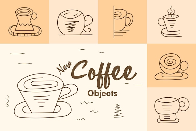 Vector doodle stroke hand drawing illustrations of hot new coffee cups. random vector mug graphic objects.