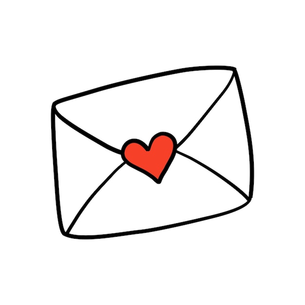 Черно-белый конверт в стиле каракулей с красной печатью в виде сердца, изолированной на белом. Романтическая икона почты.