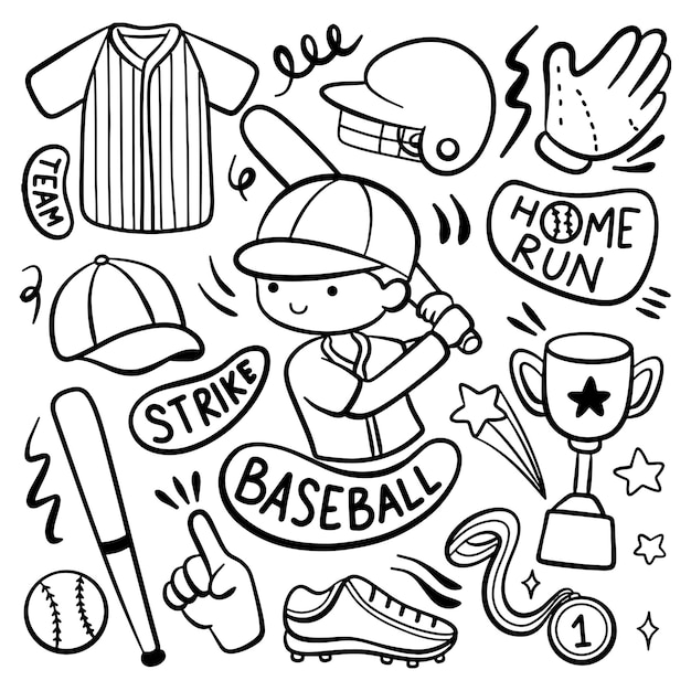 Vettore attrezzatura e giocatore di baseball del fumetto di stile di doodle