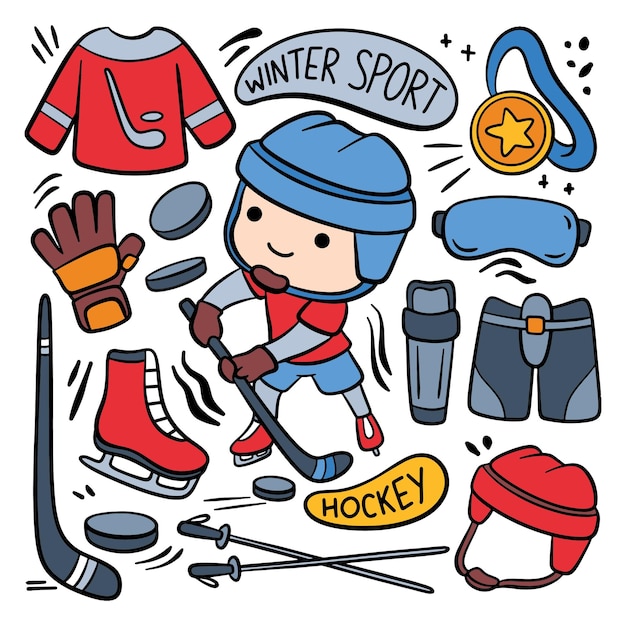 Vector doodle style cartoon hockey player and equipment