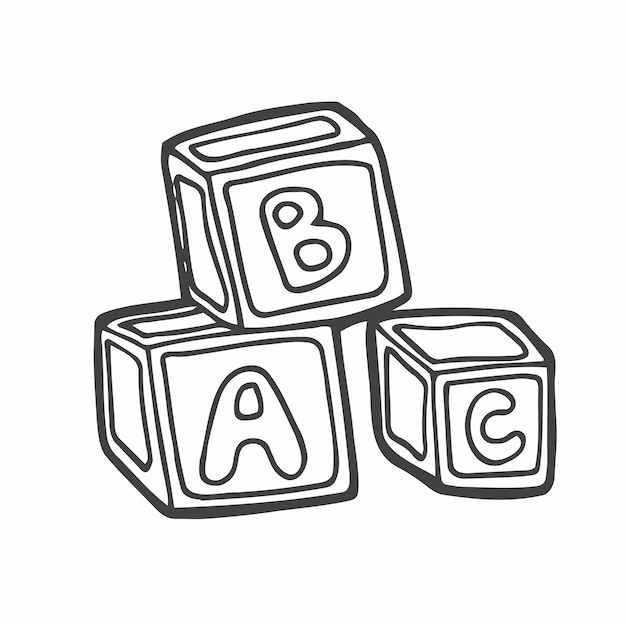 Giocattoli a blocchi per bambini in stile doodle con alfabeto in formato vettoriale