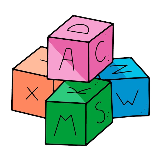 낙서 스타일의 어린이 블록 장난감에는 알파벳이 벡터 형식으로 되어 있습니다.
