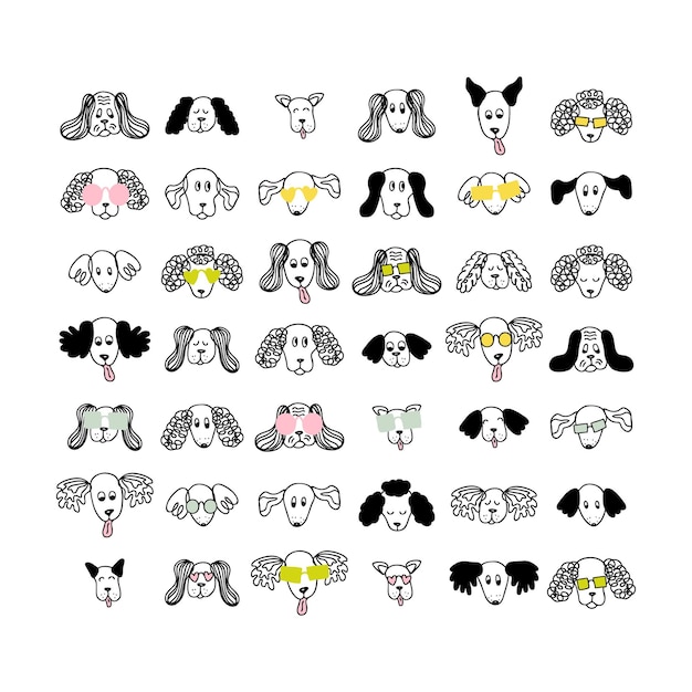 Собаки в стиле каракулей в коллекции солнцезащитных очков Набор анималистических персонажей для печати плакатов на футболках Ручной рисунок изолированных векторных иллюстраций для декора и дизайна