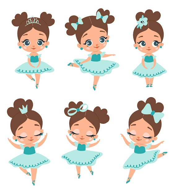 Doodle style flat   african american black skin ballerina poses set