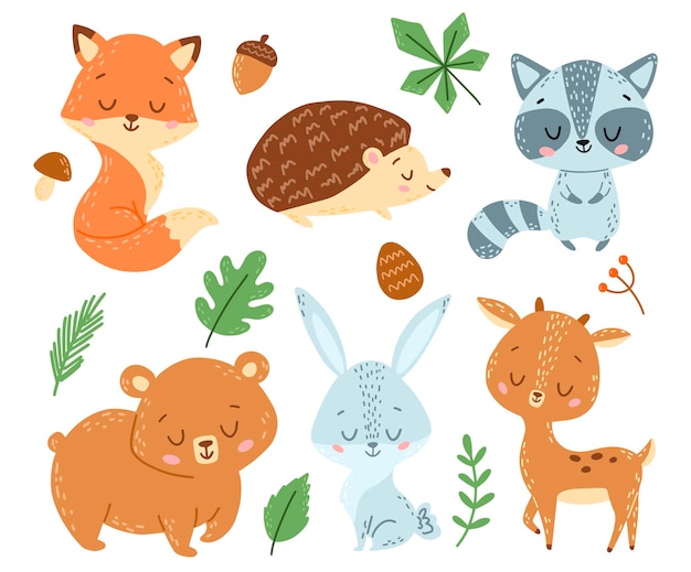 Vector doodle style flat  cartoon forest animals set