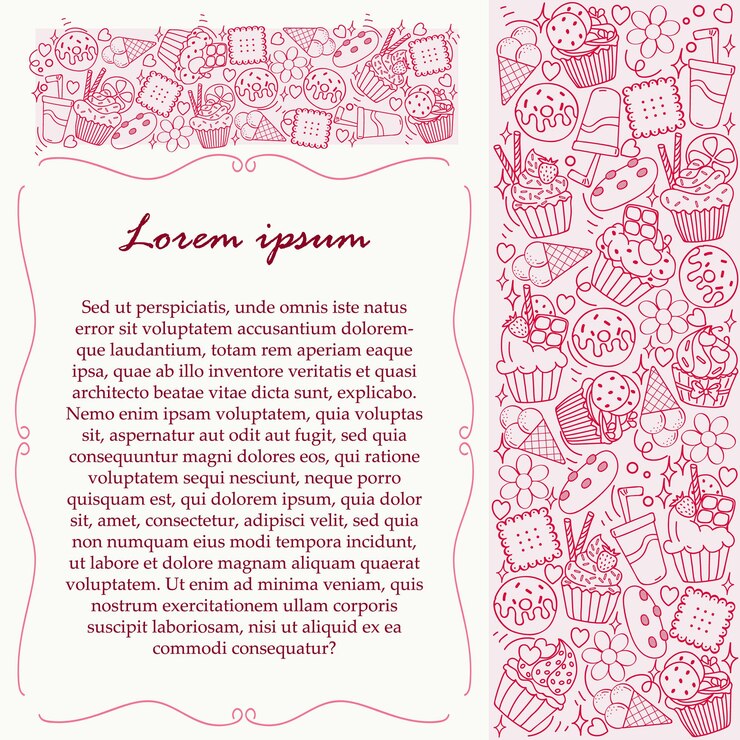 Vector doodle style of flat cupcakes and drink arranged on white backgrounddesign menu template