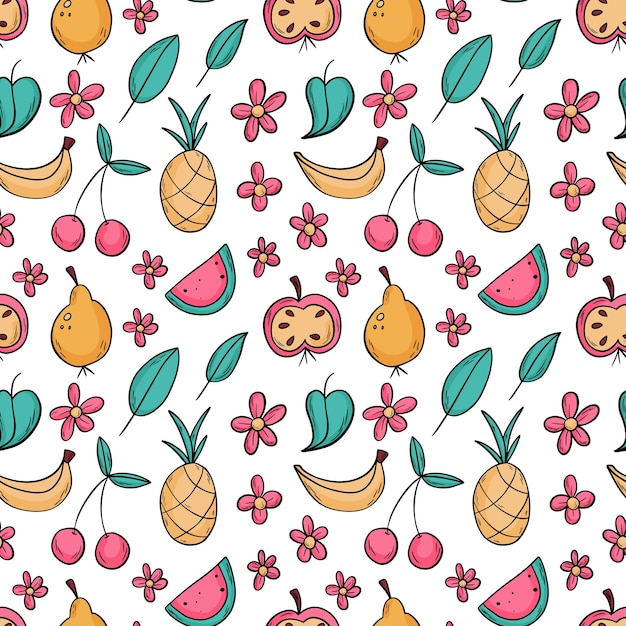 Vector doodle style fruits seamless pattern with pineapple apple pear watermelon banana cherry with bl