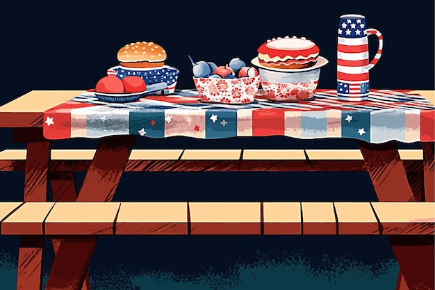 Vector doodle style hamburger with bun and condiments in front of a colorful american flag sketch in vector