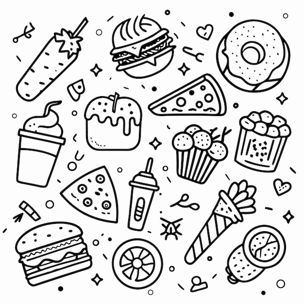 A doodle style illustration of various fast food items