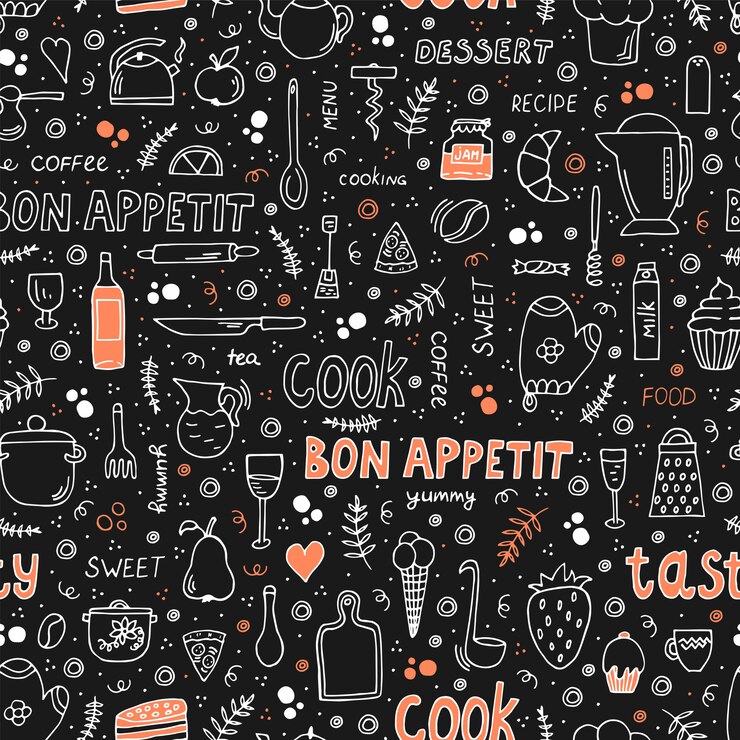 Vector doodle style illustration with food and cooking utensil. seamless pattern with different symbols.
